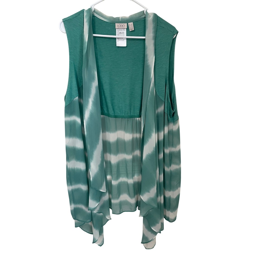 LOGO Lori Goldstein Green Tie Dye Chiffon Mixed Media Open Front Vest Size 1X